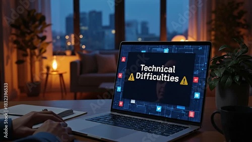 Technical Difficulties Alert: A person grapples with digital challenges, illuminated by the glow of a laptop screen displaying a critical alert amidst a modern interior and a cityscape backdrop.