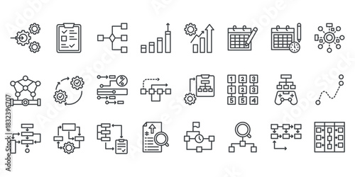 Workflow icon collection set. Containing process, task, flow, step, automation, goals, plan, schedule icon. Simple outline vector
