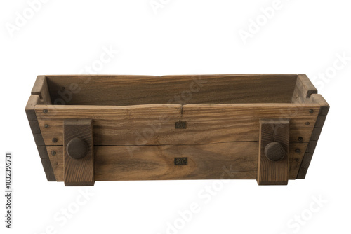 Rustic wooden planter box with vintage details and dark wood grain. Ideal for farmhouse decor or indoor gardening. background removed