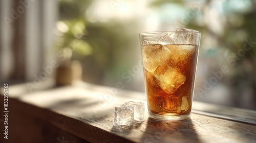 Refreshing Iced Beverage with ice cubes on rustic wooden surface ambiance