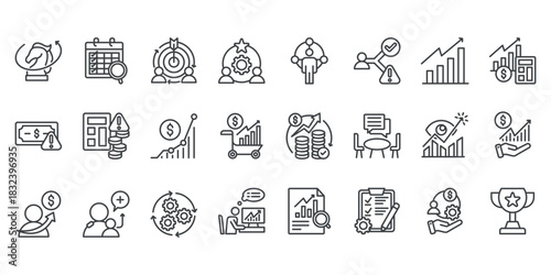 Business management icon collection set. Containing planning, strategy, goal, team, leadership, decision, analysis, budget icon. Simple outline vector