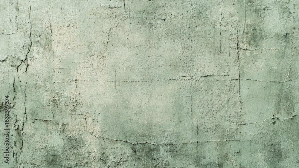 Obraz premium A distressed, light green concrete wall with prominent cracks and peeling paint, offering a worn and weathered textured background.