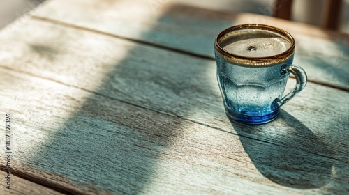 Elegant blue glass mug filled with foamy coffee on rustic wooden surface