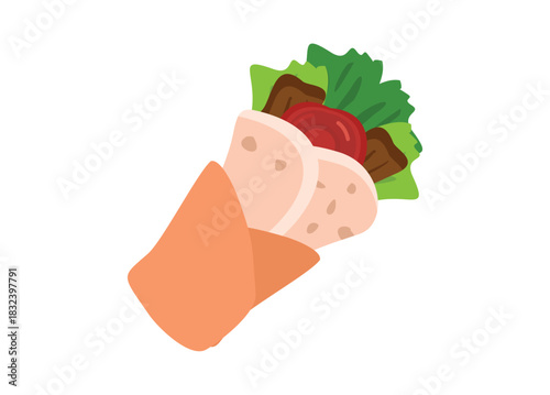 Kebab in paper wrap, filled by vegetables, tomato, and meat. Simple flat illustration.