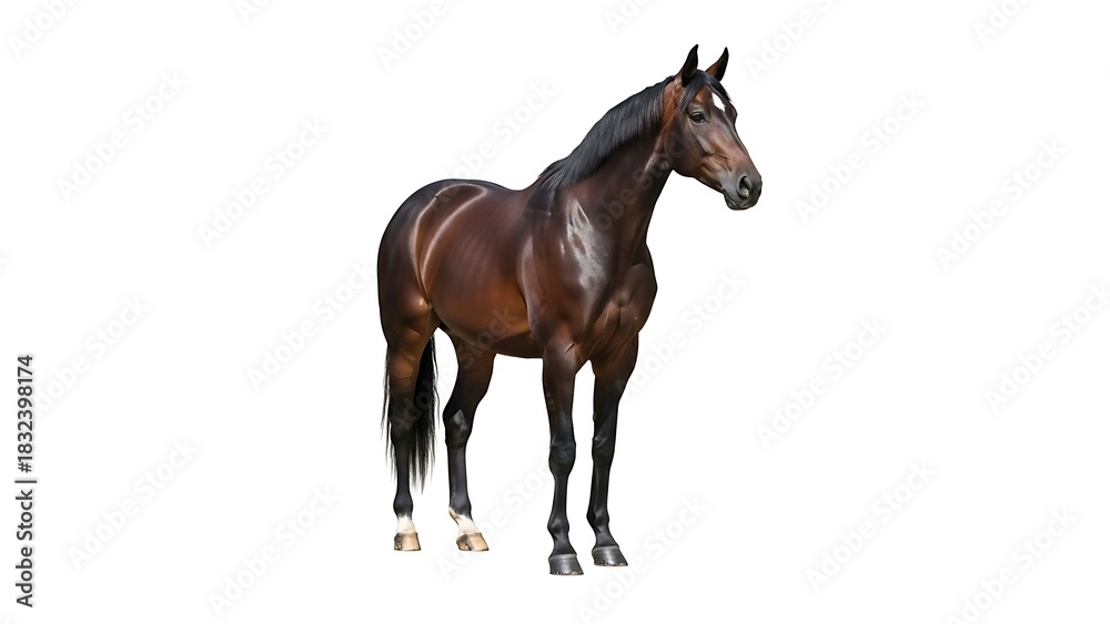 Fototapeta premium A dark bay horse stands isolated on a white background, facing right, with its head turned slightly towards the viewer.