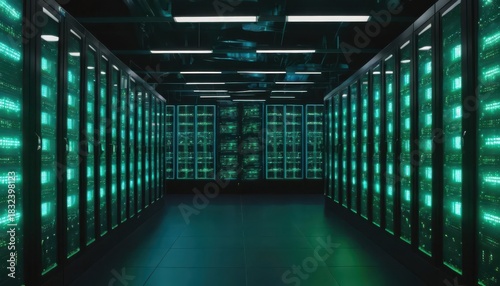 Plakat Server Farm with Green Lights and Binary Code