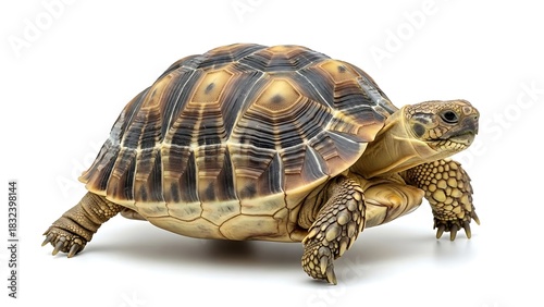 A tortoise with a patterned shell walks on a white background, facing to the right.