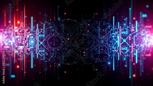 Fototapeta Naklejka Na Ścianę i Meble -  digital gateway with network geometric neon shape line and sci-fi cyberspace perspective portal tunnel 