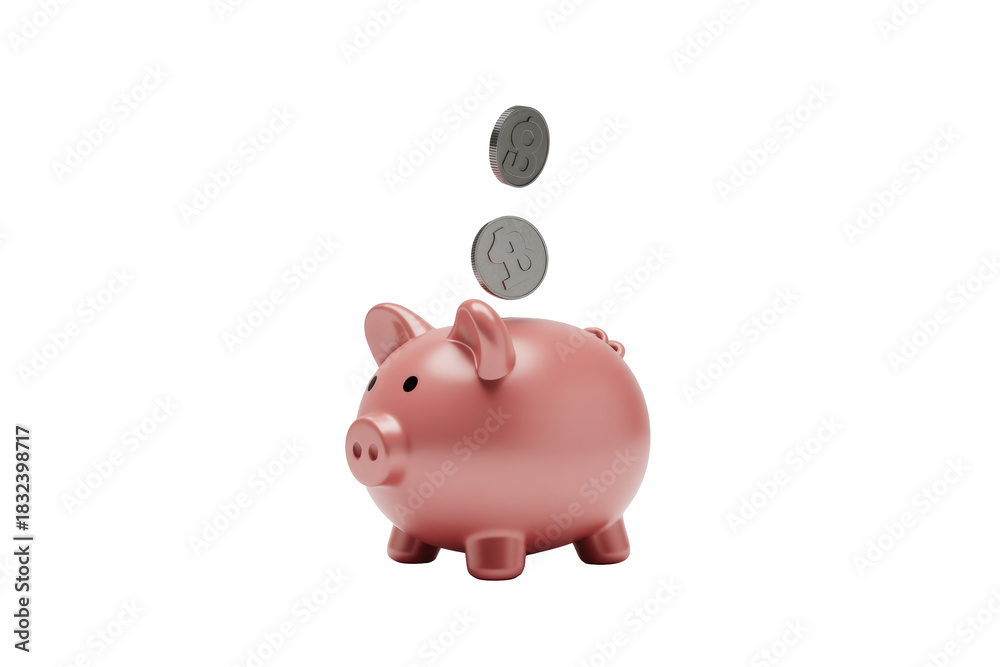 Obraz premium A 3D rendering depicts a pink piggy bank with two silver coins falling into it, symbolizing saving money, investment, and financial growth. background removed