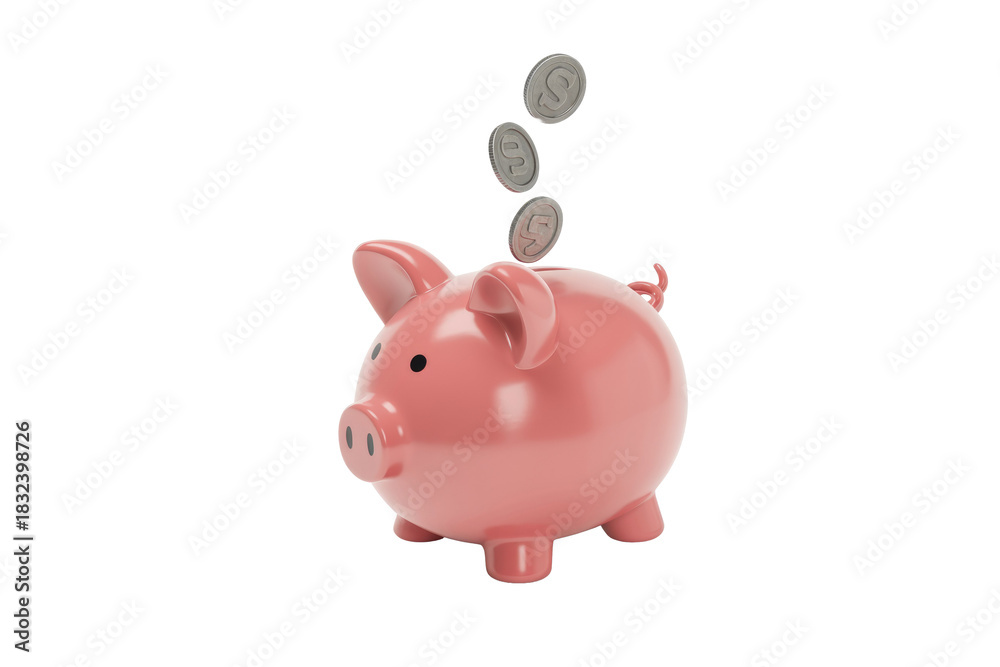 Obraz premium A pink 3D piggy bank collects falling silver coins with 'S' symbols, representing saving money and financial investment. background removed