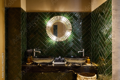 Obraz na plátně Luxury spainspired washroom design, Opulent boutique hotel style bathroom featur