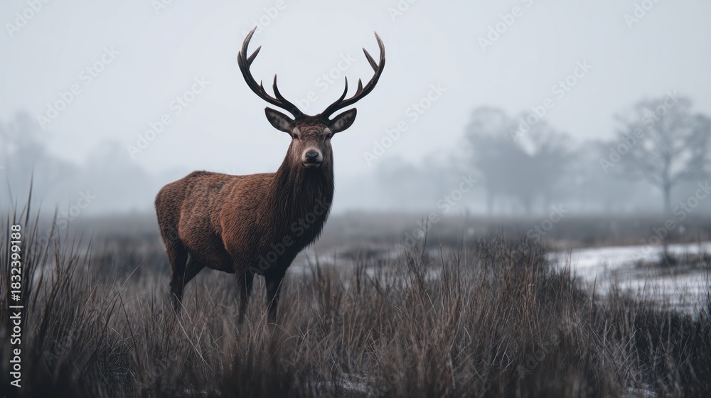 Fototapeta premium Majestic stag standing tall in misty field, capturing winter wildlife beauty