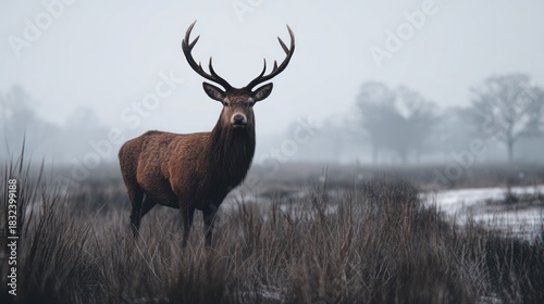 Majestic stag standing tall in misty field, capturing winter wildlife beauty