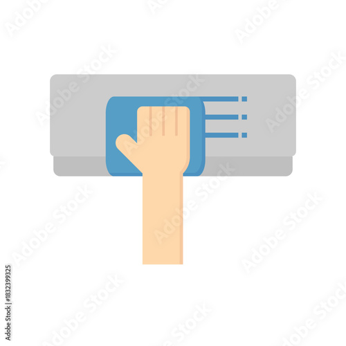 Air conditioner indoor unit cleaning vector icon. Hand wiping evaporator indoor unit, representing AC cleaning, HVAC maintenance for cooling efficiency, healthy airflow and energy savings.
