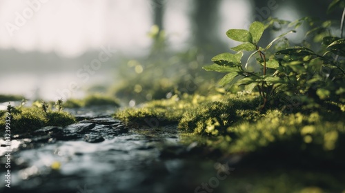 Enchanting forest floor detail with moss and plant life bathed in sunlight