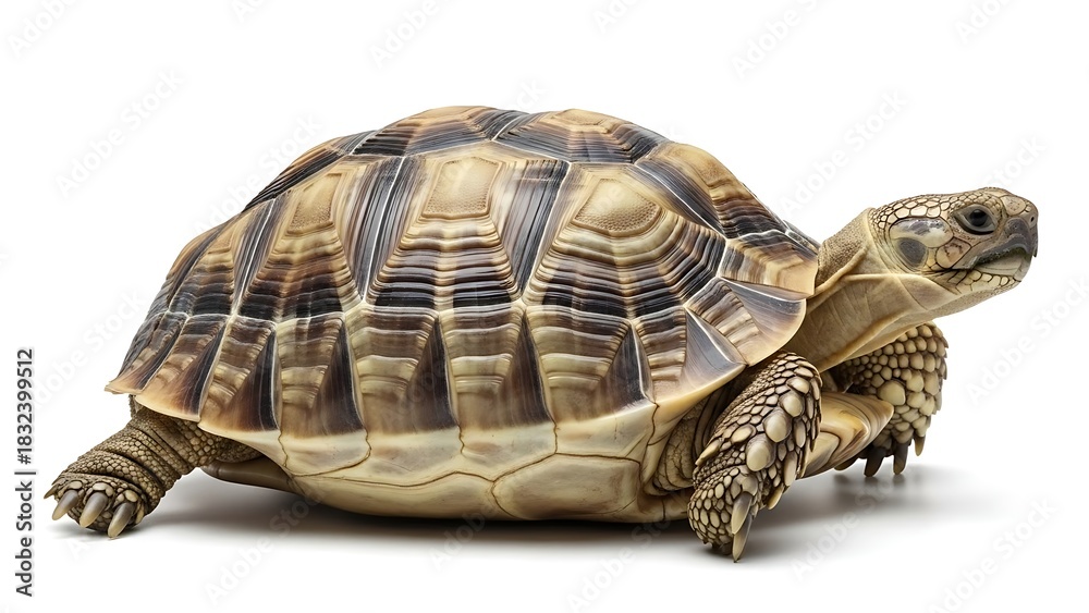 Fototapeta premium A detailed side view of a tortoise with a textured shell, isolated on white.