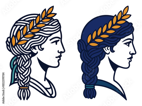 Greek goddess profile with laurel wreath — classical female portrait emblem vector