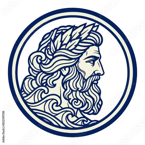 Zeus God Profile Medallion. Greek mythology character with a laurel wreath. Line art vector logo illustration.