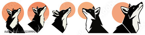 Howling wolf head logo set — stylized wild canine badges with sunset circle