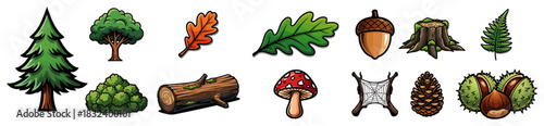 Forest elements icons set — vector collection of trees leaves mushrooms acorns cones and logs