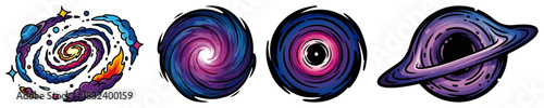 Psychedelic Galaxy and Black Hole Vector Set. Cartoon Illustrations of Cosmic Phenomena.