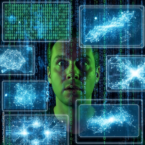 Mans Face Emerges from Digital Matrix, Surrounded by Glowing Neural Network Visualizations.