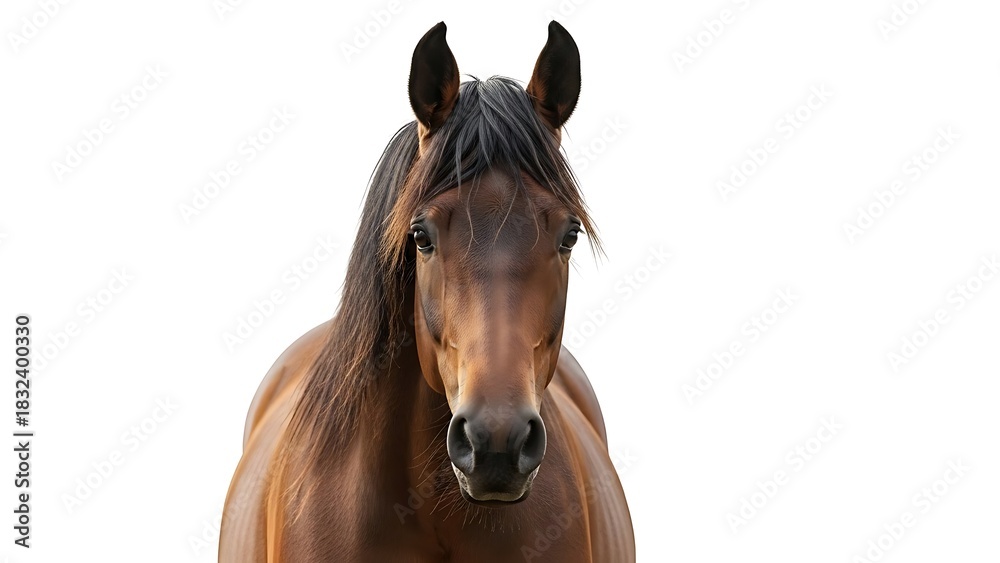 Obraz premium A close-up portrait of a brown horse against a stark white background.