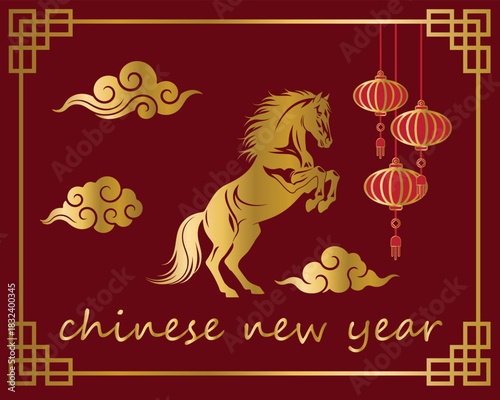 Elegant vector illustration of a rearing golden horse, celebrating the Chinese New Year with traditional lanterns and clouds on a red background