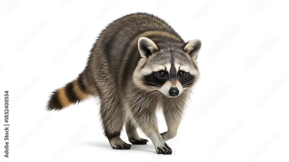 Obraz premium A raccoon with striped tail walks towards the viewer on a white background.