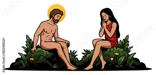 Adam and Eve in the Garden of Eden — contemplative biblical couple among leaves and flowers