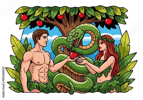Temptation in Eden — Adam and Eve with serpent and apple under the Tree of Knowledge