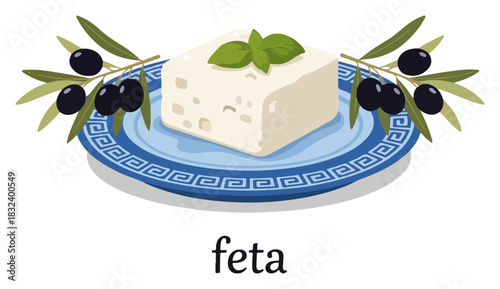 Feta Cheese with Olive Branch on a Traditional Greek Plate. Vector Food Illustration.