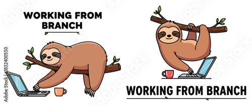 Sloth working from branch — funny work from home pun illustration with laptop and coffee