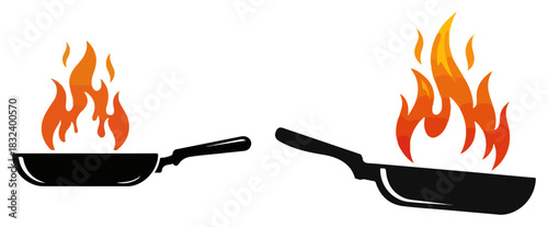 Frying Pan with Fire Flame. Vector Logo for Cooking Restaurant and Kitchen.