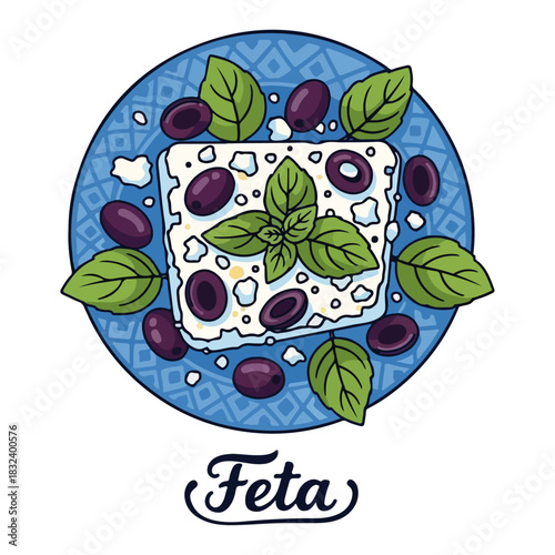 Greek Feta Cheese with Olives and Basil. Cartoon Vector Food Illustration.