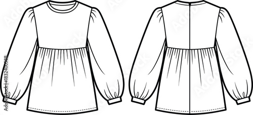 Blouse technical fashion illustration, front and back view, gathered sleeve, yoke detail, garment sketch, vector graphic, clothing, art
