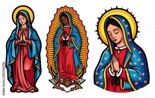 Virgin Mary Praying Cartoon Vector Illustration Set. Our Lady of Guadalupe and Other Catholic Icons.