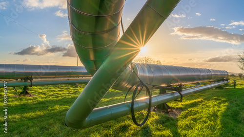Industrial Geothermal Pipelines in Sunset Landscape, Larderello, Tuscany