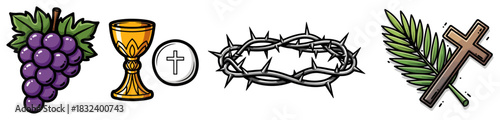Christian Eucharist and Passion Icon Set. Vector Collection of Catholic and Easter Symbols.