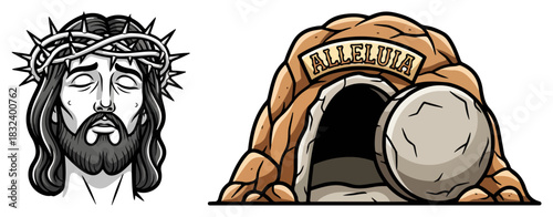 Crown of thorns and empty tomb Alleluia — Passion and Resurrection Christian vector illustration