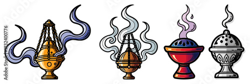 Incense Burner and Censer Vector Set. Cartoon Collection of Religious and Spiritual Thuribles.