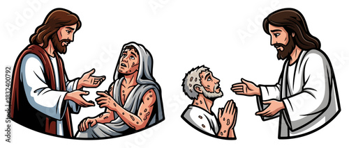 Jesus healing the sick and teaching — biblical miracles Christian vector illustration