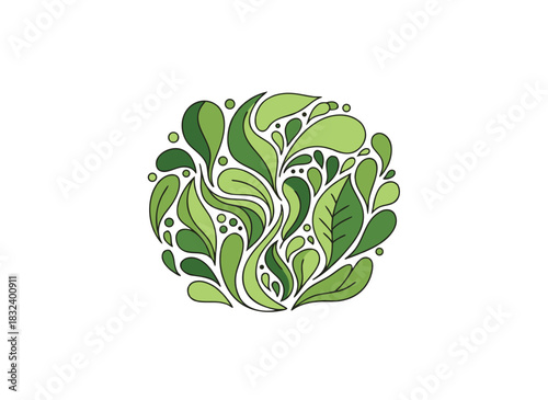 Abstract spherical arrangement of various green leaves and organic shapes creating a nature-inspired pattern on a black background