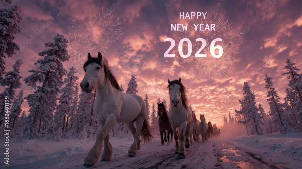 Naklejka premium Horses gallop in snowy forest under colorful fireworks celebrating new year 2026 at sunset