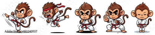 Karate monkey mascot set — cute martial arts monkey character poses vector illustration