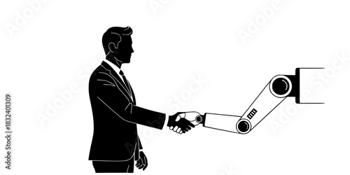 Man shaking hands with robot arm vector icon symbolizing artificial intelligence partnership