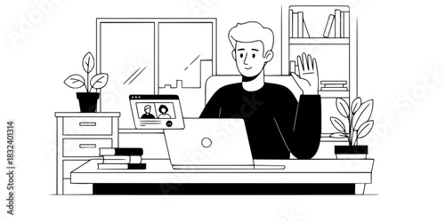Remote worker man waving at laptop screen during video call black and white vector illustration