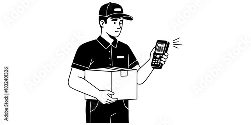 Delivery man holding package and scanner logistics worker black and white vector icon