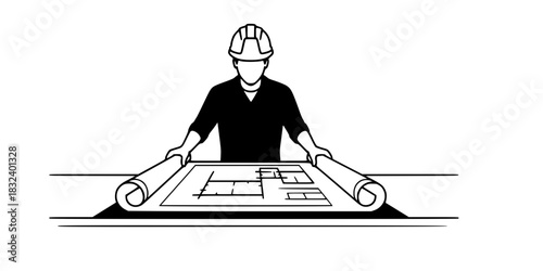 Architect or construction foreman looking at blueprints black and white vector illustration