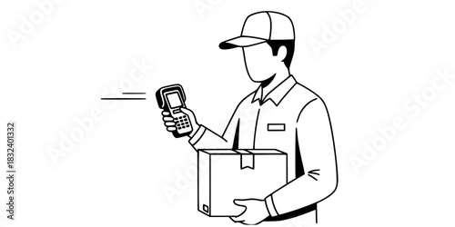 Delivery man holding package and scanner logistics worker black and white vector icon